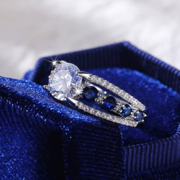 NEW 14k White Gold Blue Sapphire Diamond Ring Oval Cut Ring - Picture 5 of 7